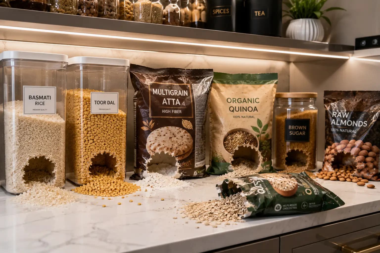 Damaged food containers and stored products