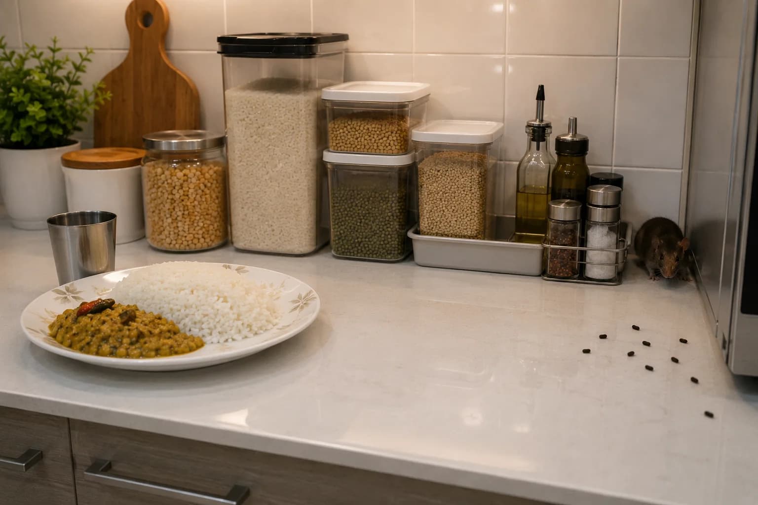 Rodent droppings near food or storage areas